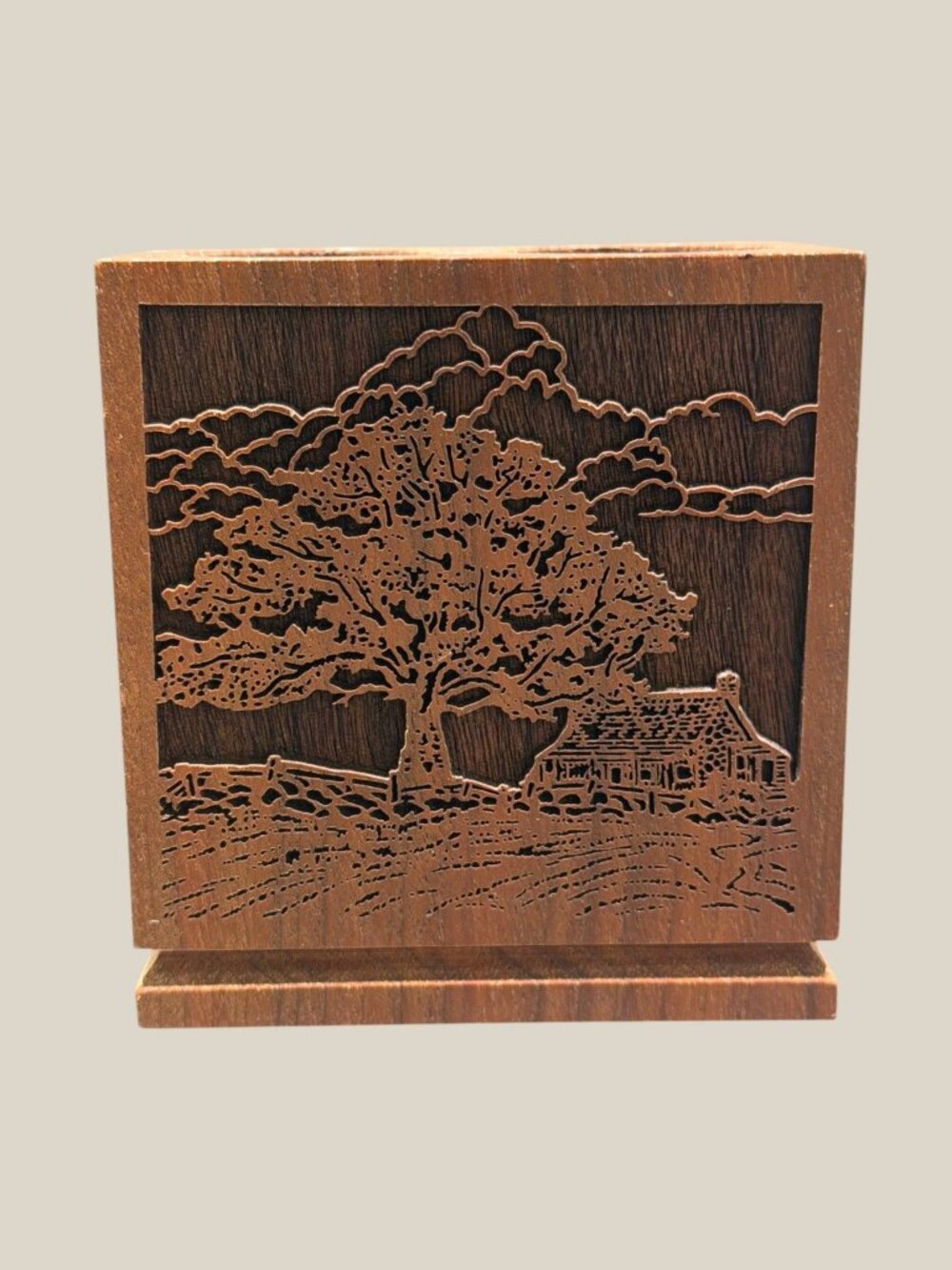 Vintage Lasercraft Solid American Walnut Double Pen Holder Laser Engraved Tree